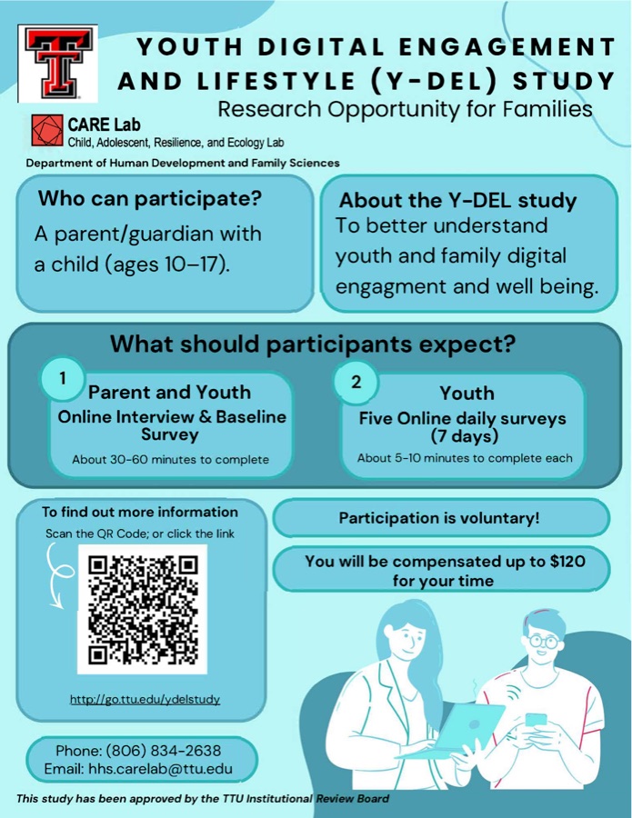 Y-DEL Study recruitment flyer: Youth Digital Engagement and Lifestyle Study, a research opportunity for families with a parent/guardian and child ages 10–17, run by the CARE Lab at Texas Tech University.